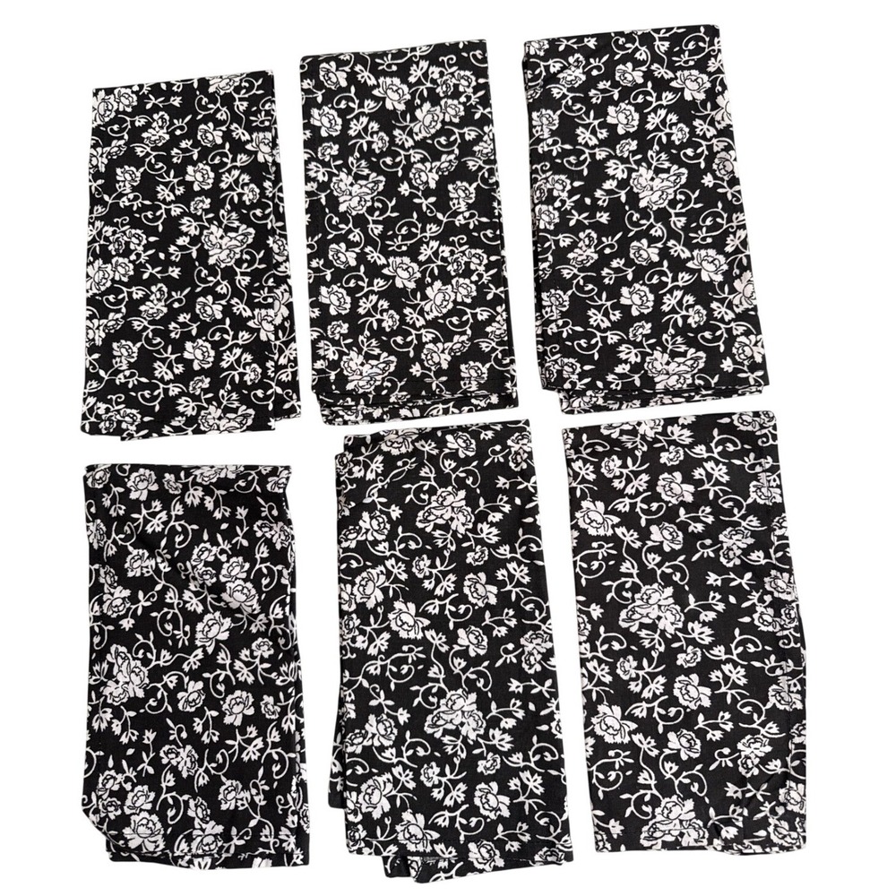 Pier 1 Imports Black White Floral Vine Cotton Cloth Napkins Set of 6 20x20